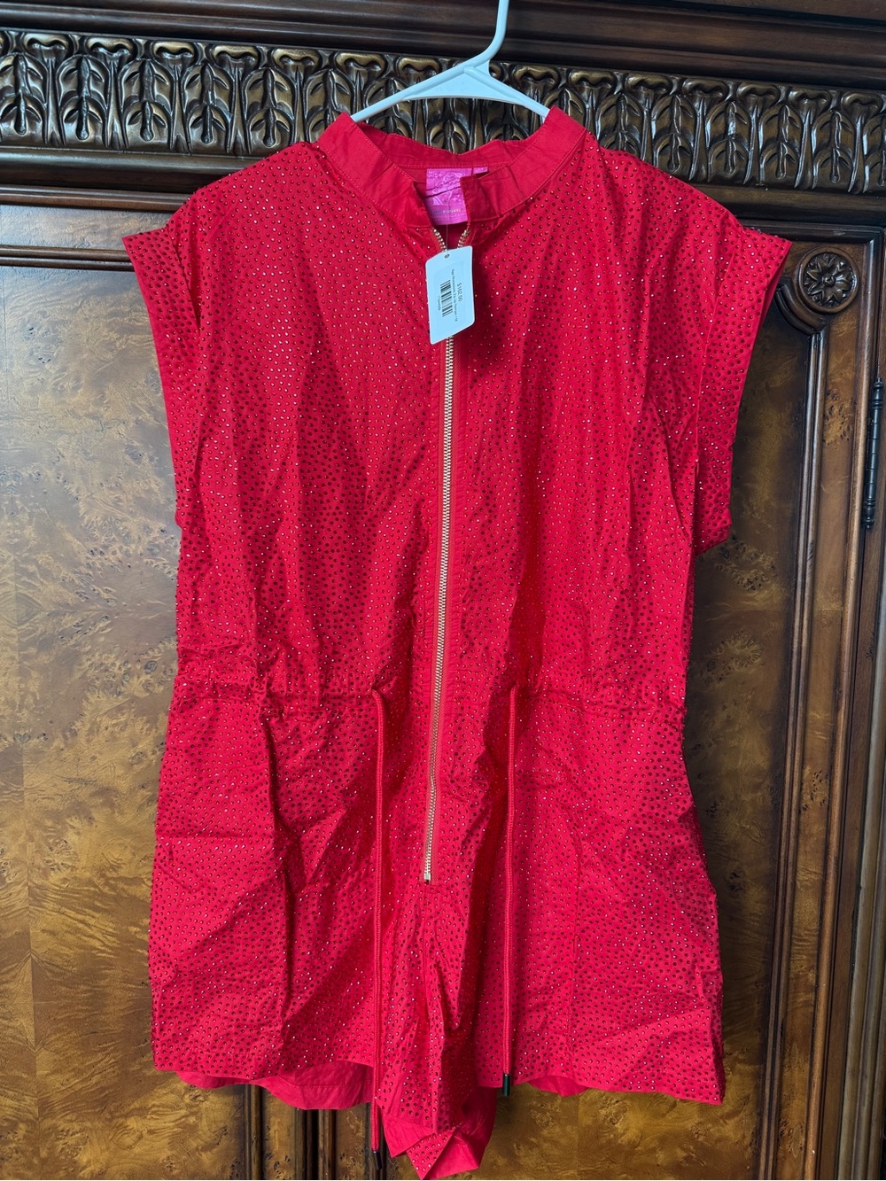 QUEEN OF SPARKLES Red Sleeveless Zip-Front Utility Jacket